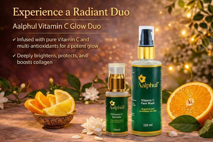 Aalphul Vitamin C Glow Duo with Vitamin C Serum and Face Wash. The benefits from ingredients like pure Vitamin C are listed