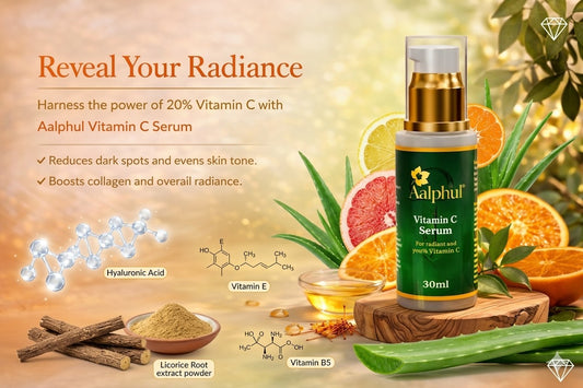 Aalphul Vitamin C Serum with ingredients and benefits on a natural background