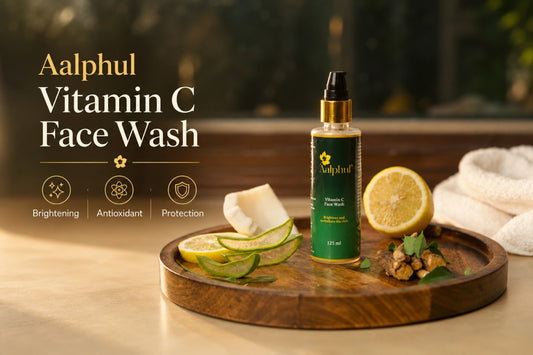 A bottle of Aalphul Vitamin C Face Wash stands on a round wooden tray with lemon slices, a bar of soap, and a folded towel in a warm, softly lit setting. Text on the left reads 'Aalphul Vitamin C Face Wash' with icons for Brightening, Antioxidant and Protection.