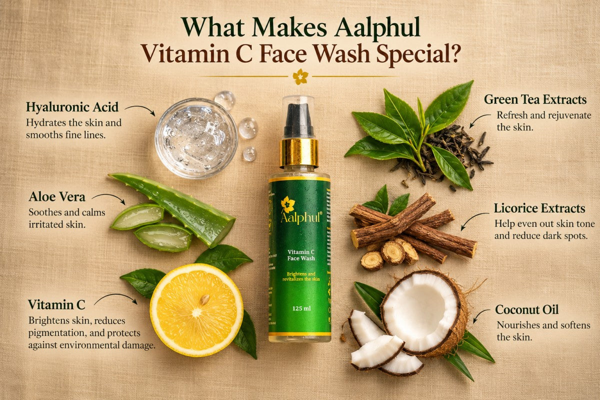 A promotional infographic for Aalphul Vitamin C Face Wash, featuring a green and gold spray bottle at the center surrounded by illustrated and photographed ingredients including aloe vera, lemon, green tea leaves, licorice roots, coconut, and hyaluronic acid, with text callouts on a beige textured background.