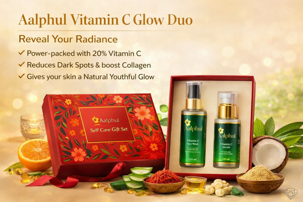 Aalphul Vitamin C Glow Duo gift set with product and benefits listed