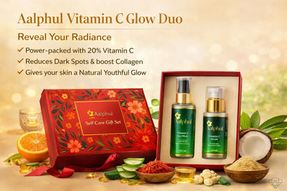 Aalphul Vitamin C Glow Duo gift set with product and benefits listed