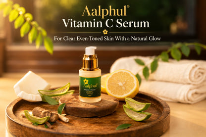 Aalphul Vitamin C Serum bottle displayed on a wooden tray with sliced lemons, aloe vera, ginger, and rolled towels in a warm, spa-like setting. The text at the top reads 'Aalphul Vitamin C Serum For Clear Even-Toned Skin With a Natural Glow'.
