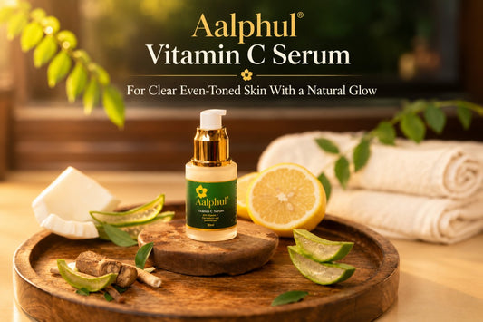Aalphul Vitamin C Serum bottle displayed on a wooden tray with sliced lemons, aloe vera, ginger, and rolled towels in a warm, spa-like setting. The text at the top reads 'Aalphul Vitamin C Serum For Clear Even-Toned Skin With a Natural Glow'.